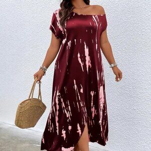 Women's Plus Size All Over Print Elegant Off The Shoulder Maxi Summer Dress 18W